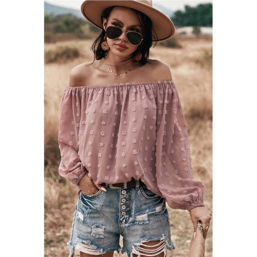 Boho Off Shoulder Loose Bubble Sleeve Top Pink - Picture 8 of 10